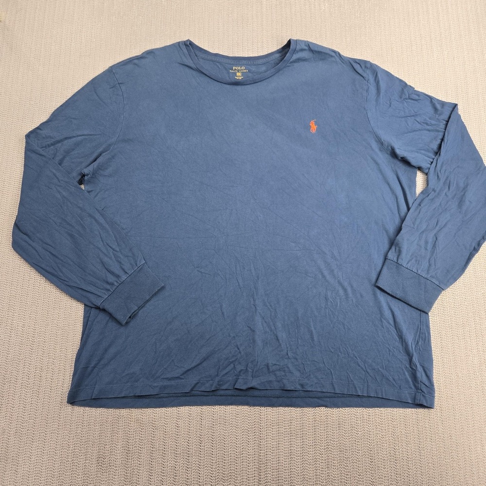 Polo Ralph Lauren Shirt Mens 2XL Blue Long Sleeve Crewneck Orange Pony Logo